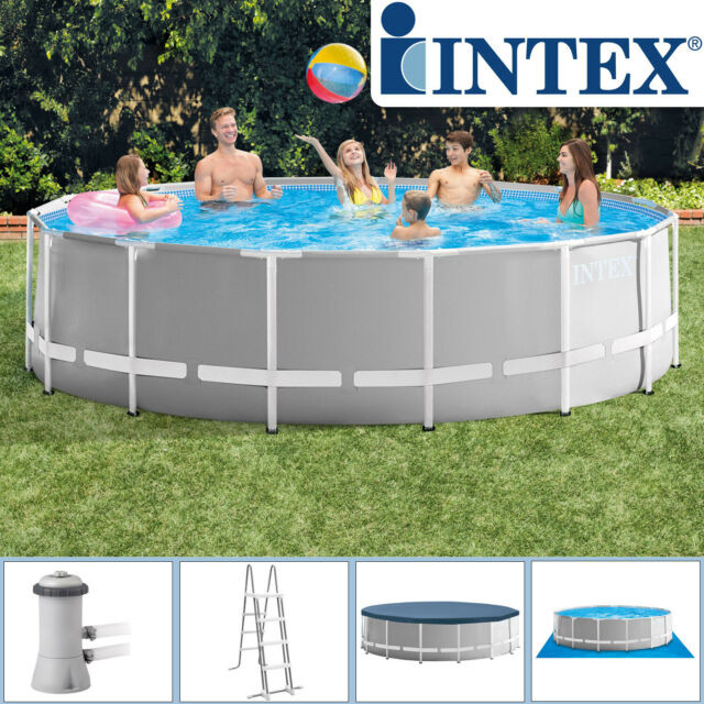 Intex Prism Premium Frame Zwembad - ø 457 x 122 cm - Grijs met ladder en filterpomp