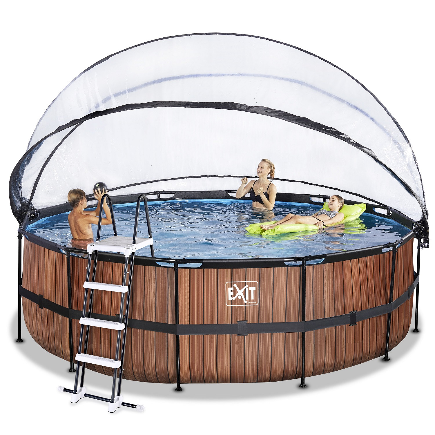 EXIT Frame Zwembad - Wood - ø 450 x 122 cm - met Overkapping en Zandfilter- en Warmtepomp - Bruin