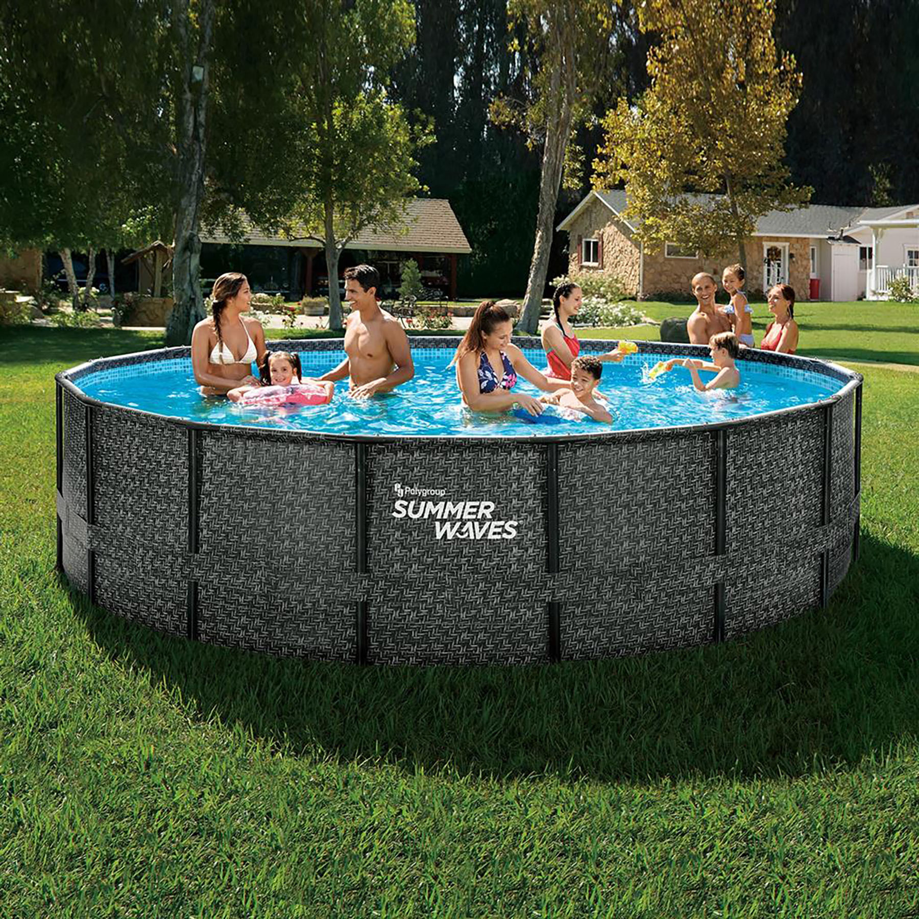 Summer Waves Elite Frame Zwembad - ø 549 x 132 cm - Antraciet Wicker - Complete set: Zandfilterpomp Trap Grondzeil Afdekhoes en Onderhoudsset
