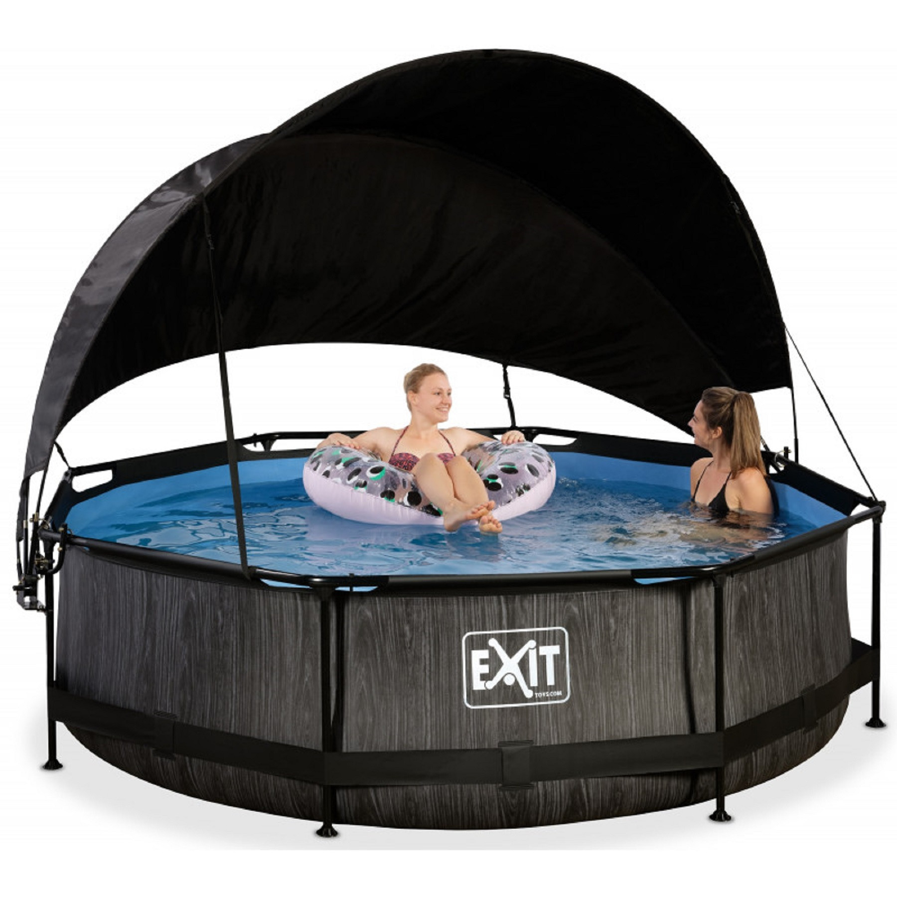 EXIT Frame Zwembad - Black Wood - ø 360 x 76 cm - met Zonnedak / Schaduwdoek en Cartridge Filterpomp - Zwart - Limited Edition 