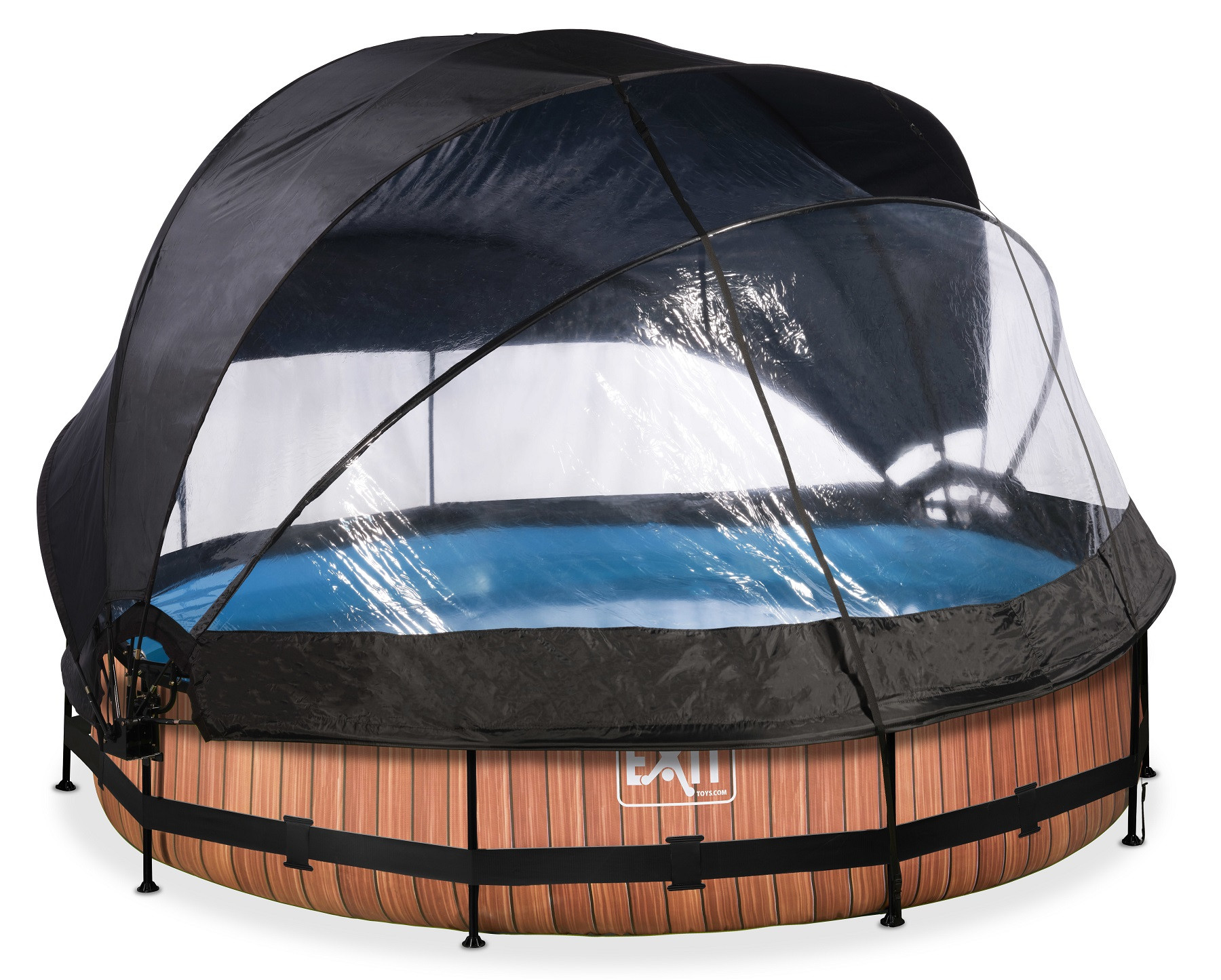 EXIT Frame Zwembad - Wood - ø 300 x 76 cm - met Overkapping, Zonnedak en Cartridge Filterpomp - Bruin